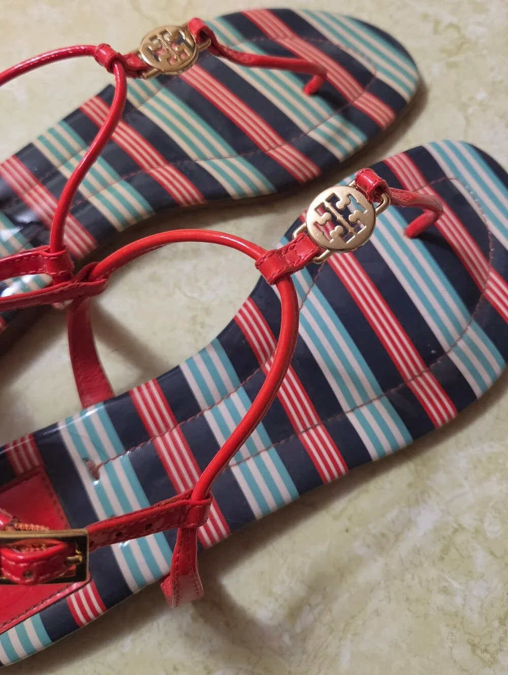 Tory Burch Red Strap Blue & Red Striped Footbed Sandals